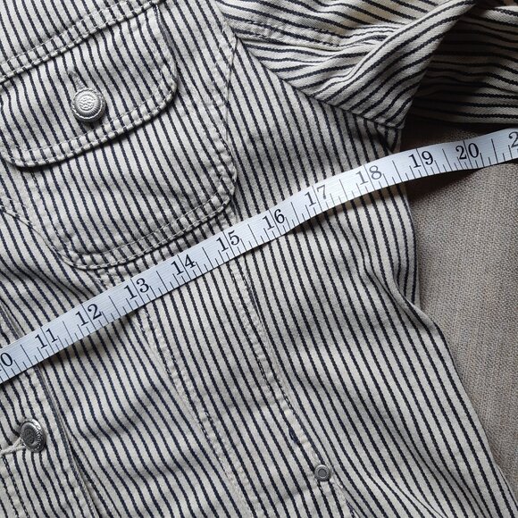 Live a Little Khaki Beige and Navy Pinstripe Stretch Jean Jacket with Pockets - Picture 9 of 10